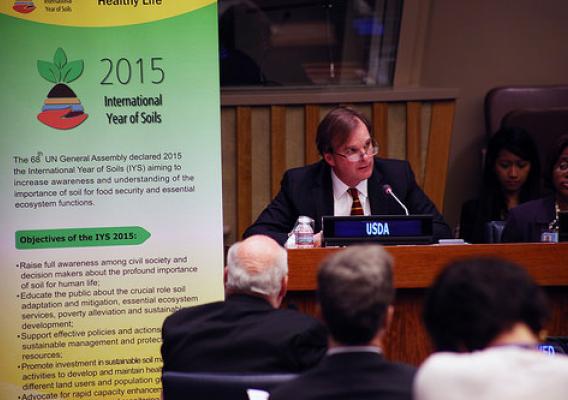 U.S. Department of Agriculture (USDA) Natural Resources and Environment (NRE) Under Secretary Robert Bonnie speaks during a celebration event marking the launch of The International Year of Soils at the United Nations headquarters in New York on Dec. 5, 2014. Friday is also the 1st World Soil Day. USDA photo by Zack Baddorf.