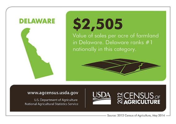 Delaware agriculture doesn’t use a smaller state size as an excuse – the state ranks #1 in the value of sales per acre.  Check back next week to learn more about another state from the 2012 Census of Agriculture.  