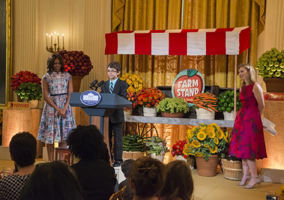 At the 2014 Kids’ State dinner at the White House, Braeden Mannering, the 2013 Kid’s State Dinner winner from Delaware, introduces First Lady Michelle Obama at last year’s Kid’s State Dinner in East Room of the White House.