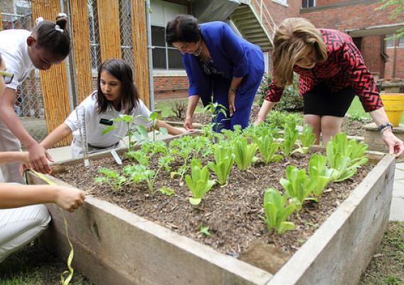 American Heart Association’s Nancy Brown and Executive Director of the Dallas Independent School District’s Food and Child Nutrition Services work with children at the Charles Rice Learning Center in their school garden