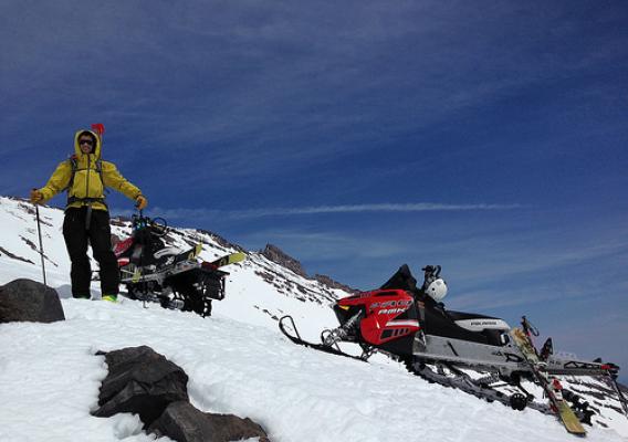 Nick Meyers and his cohort Jonathan Dove, a longtime seasonal climbing ranger on snowmobile patrol