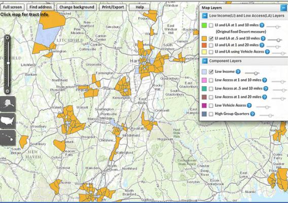 Users of ERS’s Food Access Research Atlas can opt to view low-income census tracts (shaded in gold and in light blue) in a selected area of the country. The gold-shading indicates low-income tracts where a substantial number or portion of residents live at least 0.5 mile from a supermarket in urban areas or at least 10 miles in rural areas. (Central Connecticut) 