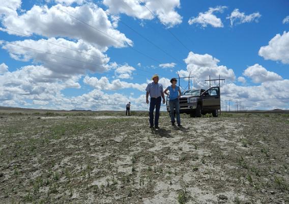 Dennis Sun on Sun Ranch, west of Casper, Wyo., with NRCS intern Meghan McPhaden. Photo credit: Haley Lockwood/NRCS