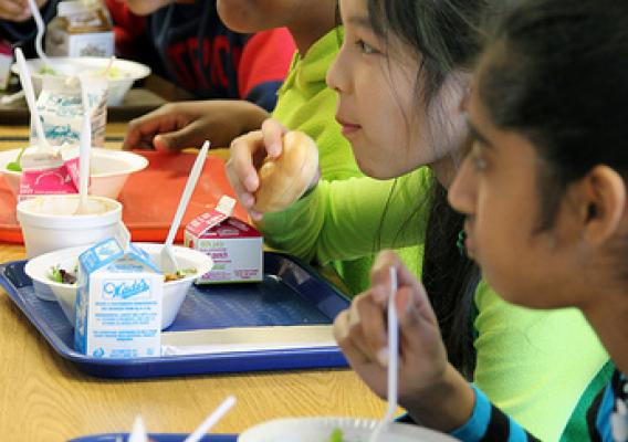 Students at the Wolcott Elementary School in West Hartford, Connecticut enjoying lunchtime