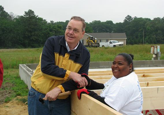 Under Secretary Dallas Tonsager visits with prospective homeowner Linda Diaz at a self-help housing subdivision in Laurel, Delaware. USDA helps thousands of limited-income families each year as they purchase or repair homes.  