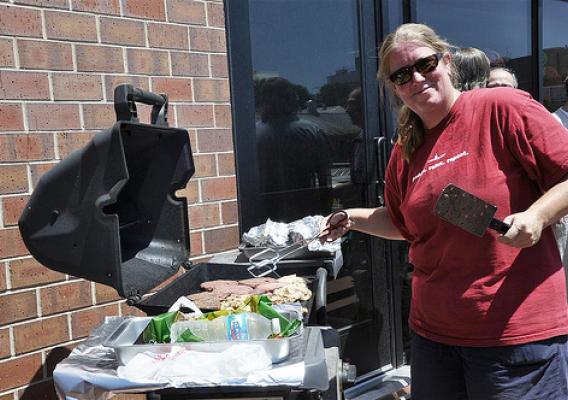 Jane Marita is heating things up to bring in donations for Feds Feed Families. (photo credit Lori Bocher)