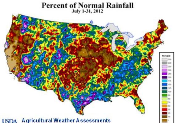 Percent of Normal Rainfall, July 1-31, 2012