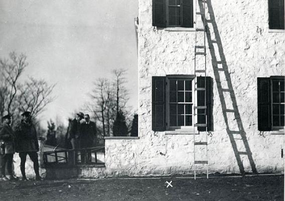 The ladder used to convict Bruno Hauptmann of kidnapping is seen here in a contemporary crime-scene photograph. Scientists at the Forest Products Laboratory were able to prove that one of the steps used in the ladder was from a plank of wood in Hauptmann’s attic. Forest Service photo.