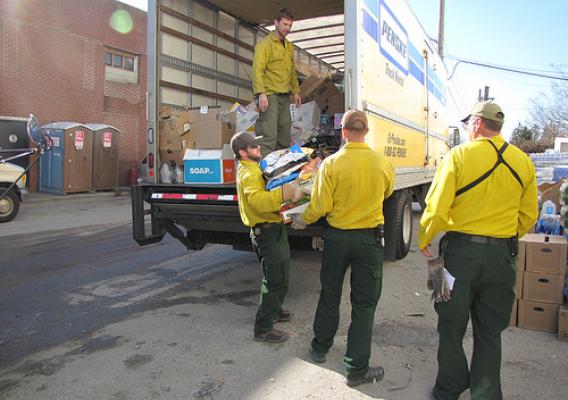 U.S. Forest Service staff loads relief supplies for New Yorkers affected by Hurricane Sandy.  