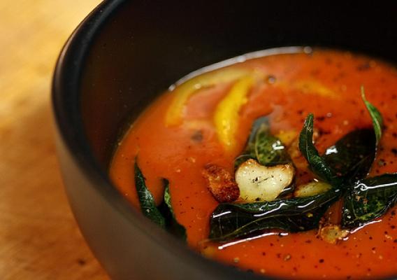 Tomato basil soup made with fresh ingredients. Our version of this popular comfort food is a great way to celebrate National Tomato and Squash Month.  Photo courtesy Sriram Bala.