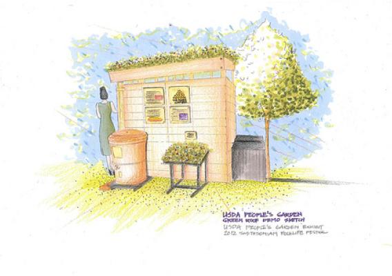 Here is the concept drawing for the People’s Garden exhibit at the  2012 Smithsonian Folklife Festival including the green roof and rain barrel. Drawing by Dixi Wang, USDA landscape architect intern.