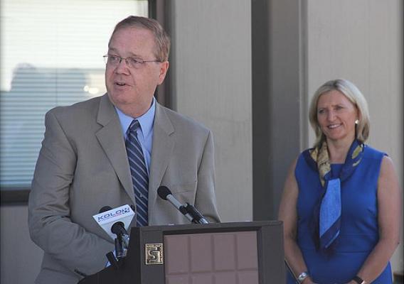 Under Secretary Dallas Tonsager and Sarah Adler, Rural Development State Director, announce USDA funding for a biofuels project during a press conference in Reno.
