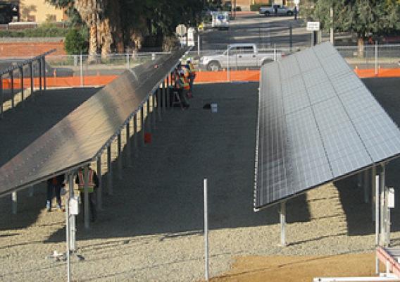 A portion of the 1,288 solar panels on 1.5 acres, which are connected to a 250 kW inverter to produce an estimated 600,000 kW hours of alternating current each year at the Forest Service’s San Dimas Technology Development Center. (Recsolar photo)