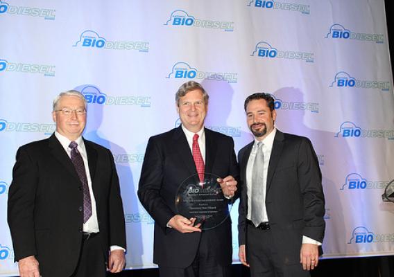 Secretary Vilsack receives the National Energy Leadership Award from the National Biodiesel Board.  The award is given periodically to individuals who demonstrate exemplary vision and leadership in development of the renewable fuels industry.  Pictured left to right are Ed Ulch, Governing Board Member, National Biodiesel Board; Secretary Tom Vilsack; and Joe Jobe, CEO, National Biodiesel Board.