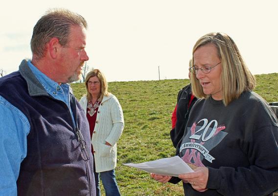 Rose Ann Masters discusses her Conservation Stewardship Program plan with NRCS Lead District Conservationist Tony Burnett. NRCS photo by Christy Morgan.