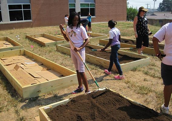 Students at  Barack Obama Elementary School, near St. Louis, learn about healthy food choices through gardening.