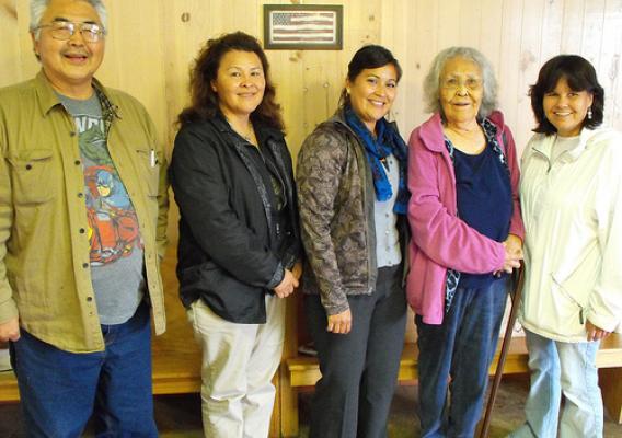 Wilson Justin (left) joins Barbara Blake from the Intertribal Agricultural Council (3rd from right) with a community member and Cheesh-na Tribe members Irene Johnson and Sandy Moore during a recent tribal consultation meeting in Interior Alaska