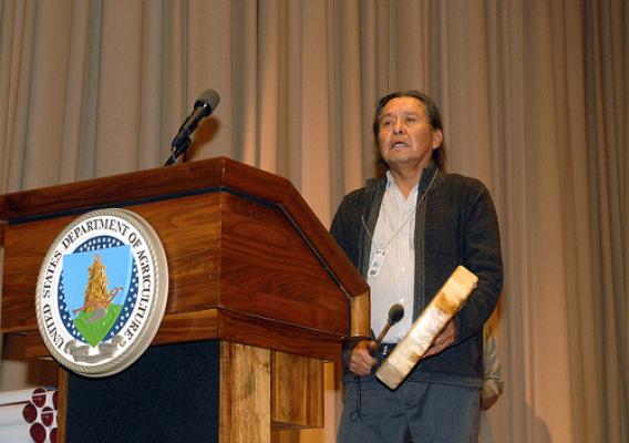 NASA Goddard Space Flight Center employee Bahe Rock gives the blessing at USDA's Native American Heritage Month Observance in the Jefferson Auditorium at the USDA South Building in Washington, D.C. on Tuesday, Nov. 20, 2012.