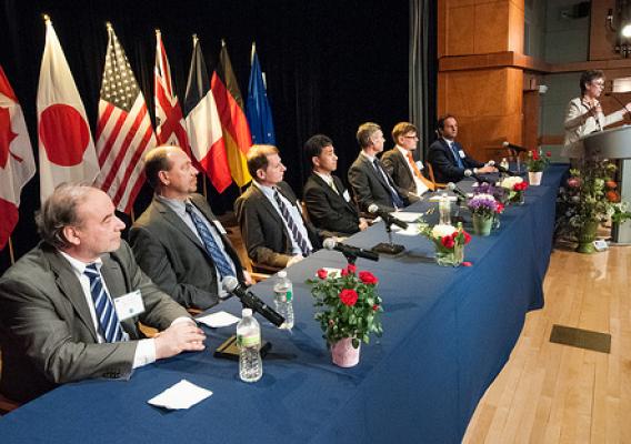 From left: The G-8 Heads of Delegation Valery Khromchenkov (Russia), Robert Turnock (Canada), Hideaki Chotoku (Japan), Tim Wheeler (United Kingdom), Guillou Marion (France), Martin Koehler (Germany), and Giulio Menato (European Union) listen to Agriculture Under Secretary Research, Education and Economics (REE) Dr. Catherine Woteki (U.S.) announce the action plans developed at the G-8 International Conference on Open Data for Agriculture in Washington, D.C. on Tuesday, Apr. 30, 2013. The conference launched