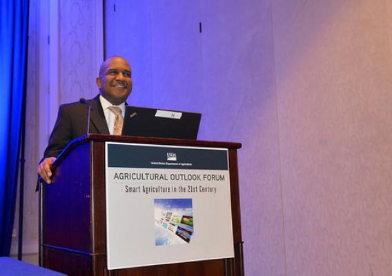Troy Joshua, Environmental, Economics, and Demographics Branch Chief at the National Agricultural Statistics Service briefs results from the Grain Crushings and Co-Products Production report at the 2015 Agricultural Outlook Forum. The report is part of the agency’s new Current Agricultural Industrial Reports program which provides a glimpse into the processing of agricultural products including fuels, cooking oils, flour, and fabric. Photo by USDA/NASS.