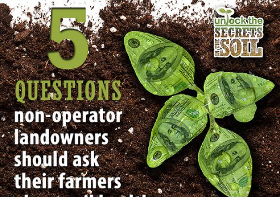 NRCS provides five questions non-operator landowners should ask their farmers about soil health. NRCS graphic by Jennifer VanEps.