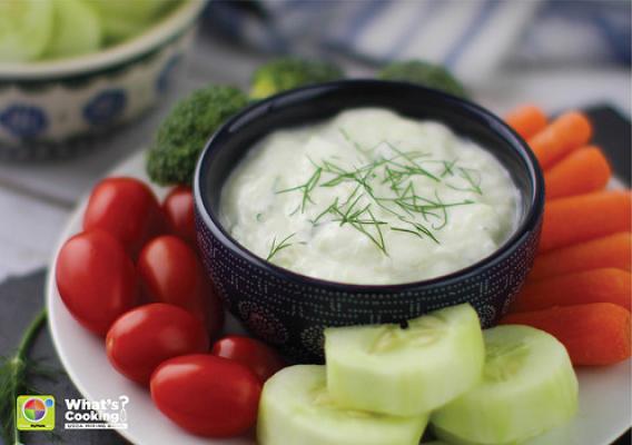 Vegetables with a cucumber yogurt dip made with lemon and dill