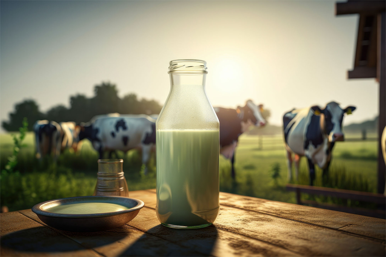 glass carafe of milk with cows in the background