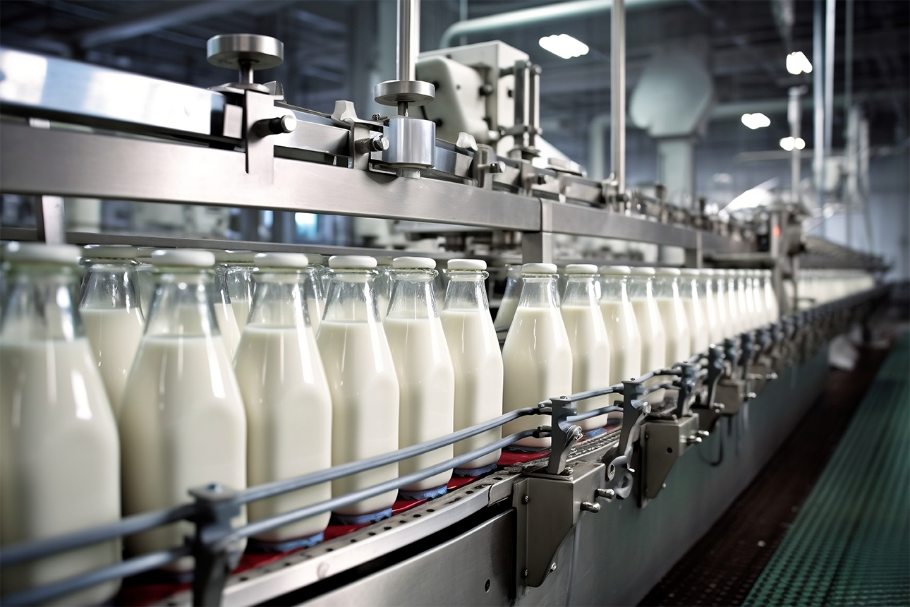 glass bottles of milk in processing plant